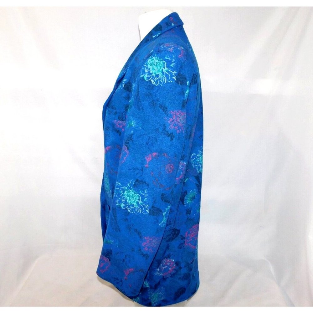 VTG LOUBEN Women 8 Blue Floral Wool Blend Oversized Blazer Jacket Shoulder Pads - Picture 9 of 12